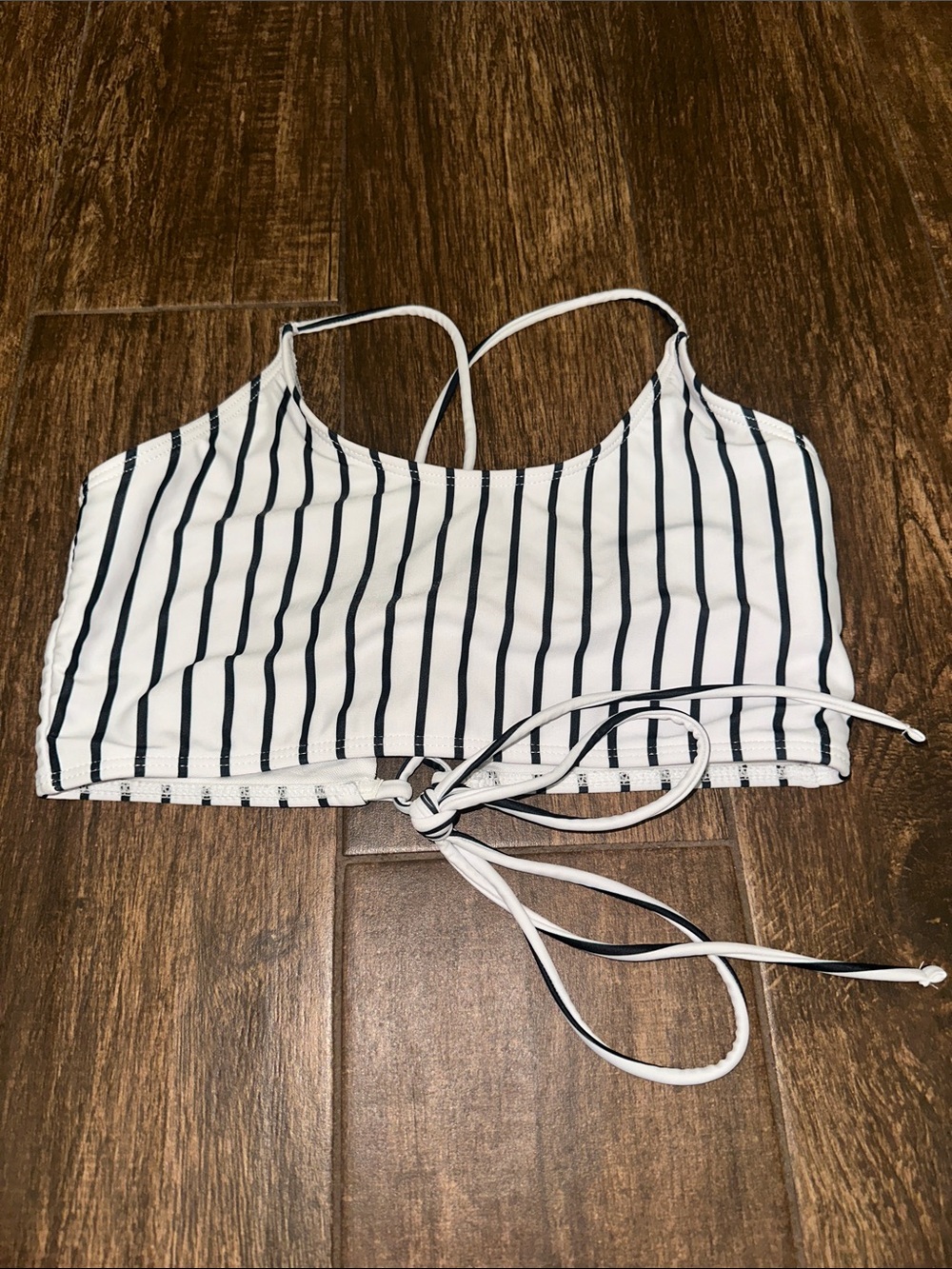 Women’s Large Black White Striped Bikini Top Tie Back Swim Top